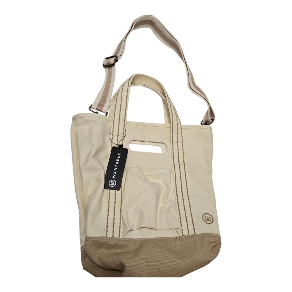 Wantable Tote Bag Canvas Shoulder Strap Cream Brown Beach Shopping NEW